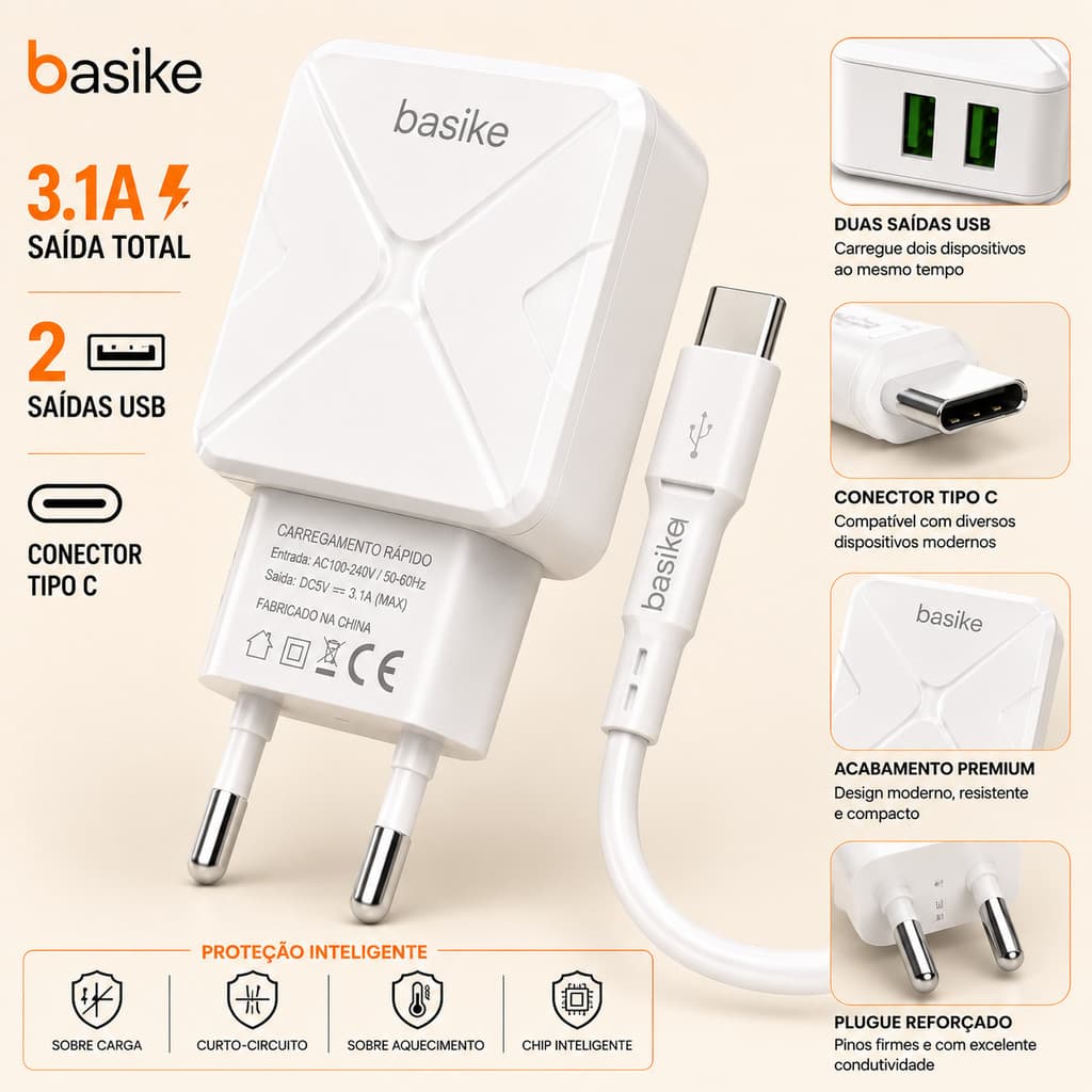 Carregador Adaptador USB Tipo C Basike 3.1A 2 Saídas USB Carregamento Rápido Cabo USB-C Branco