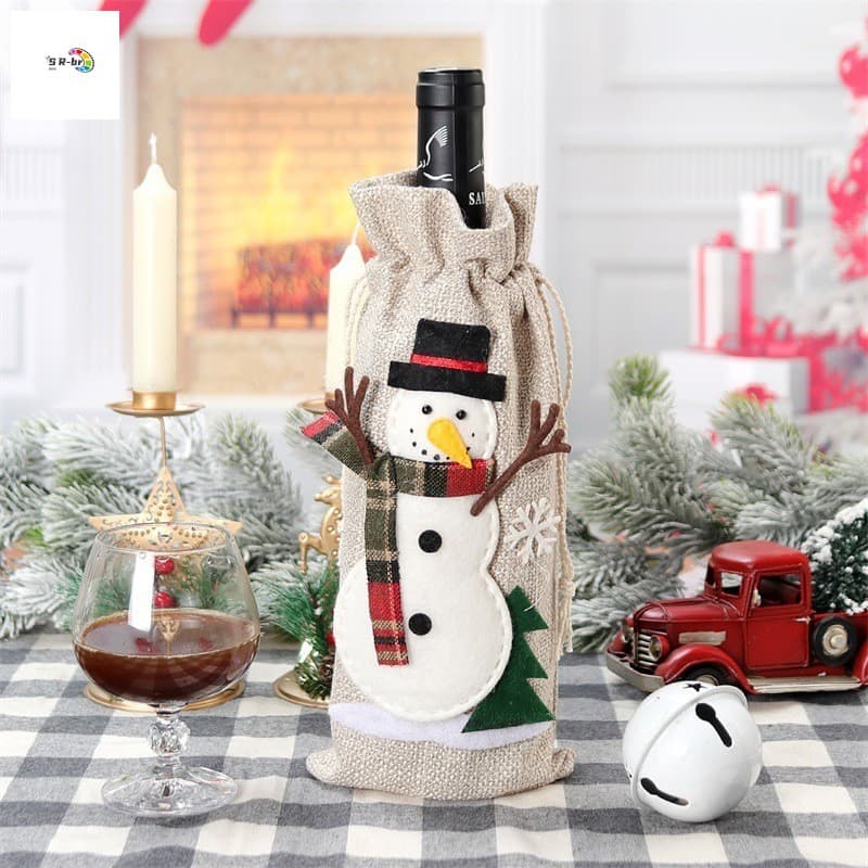 Capa Para Garrafa De Vinho De Natal-Saco De Serapilheira De Alce De Boneco De Neve De Papai Noel Decoração De Champanhe