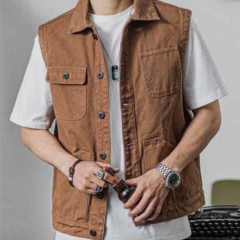Colete de jeans com lavagem retrô, colete masculino moderno, elegante e estiloso, colete sem mangas folgado e versátil p