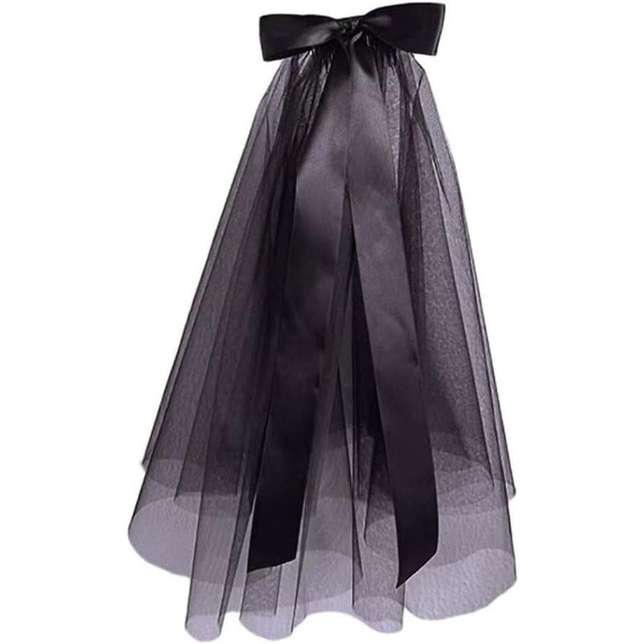 esowemsn 1PC Véu de Halloween de 2 Camadas, Véu de Casamento Preto com Laço de Renda e Pente, Decoração Vintage para Cas