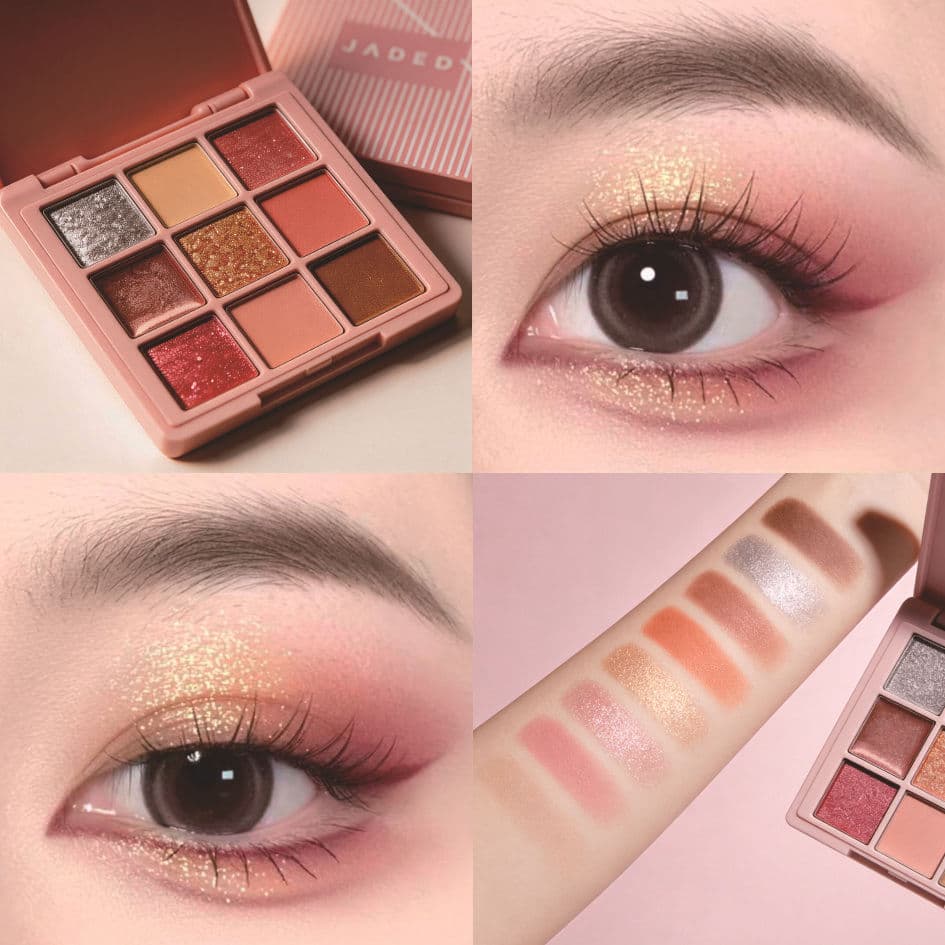 Paleta de sombras JADED com nove cores, texturas peroladas e foscas, fácil de aplicar.