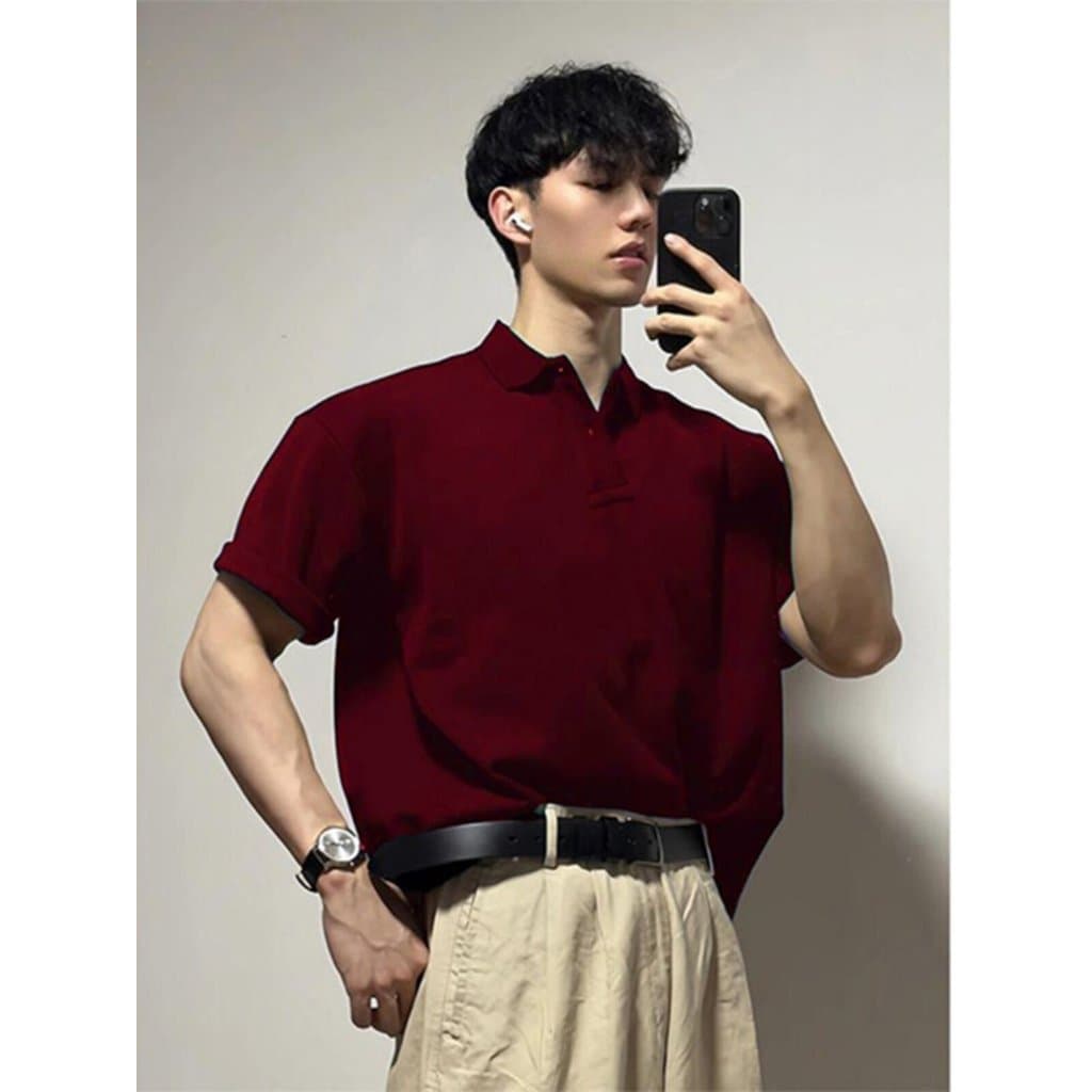 Camisa polo masculina de manga curta borgonha, camisa polo masculina bonita com gola estilo coreano