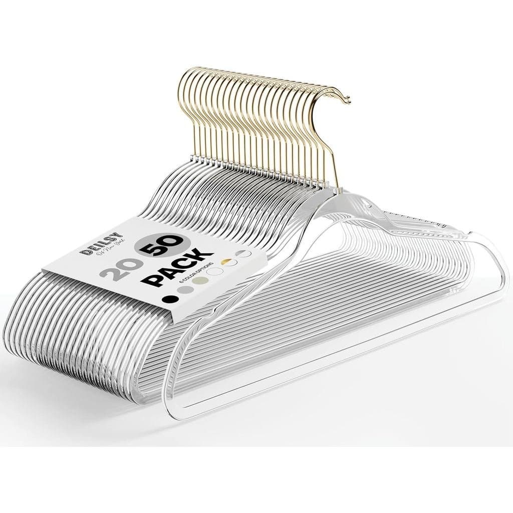 DEILSY ™   Cabides Transparentes, Pacote com 50, com Gancho Dourado - Cabides Finos Sem Veludo - Cabides Duráveis que Ec