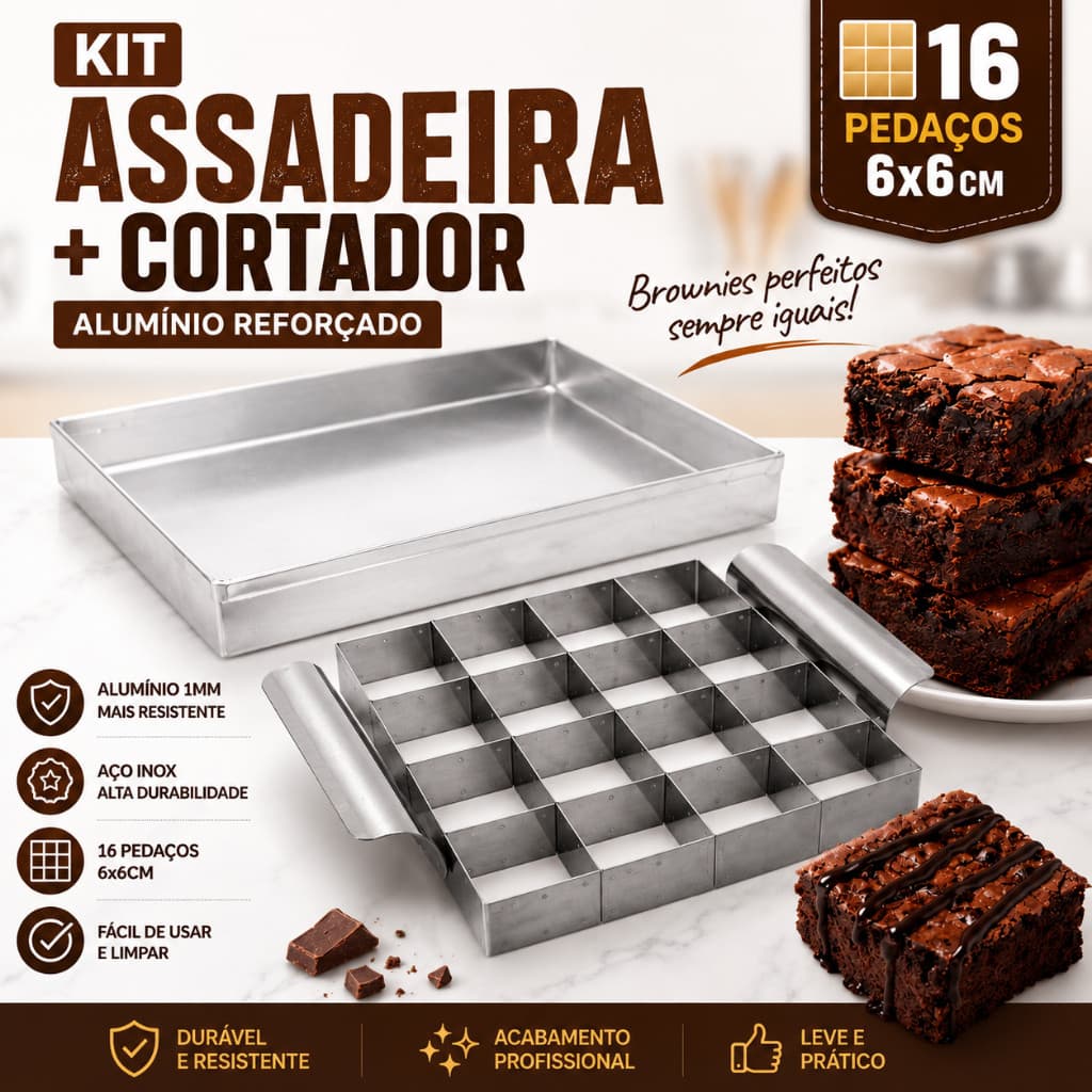 Kit Assadeira Brownie Com Cortador 25x25x3x1mm Alumínio 16 Pedaços 6x6cm Forma Profissional