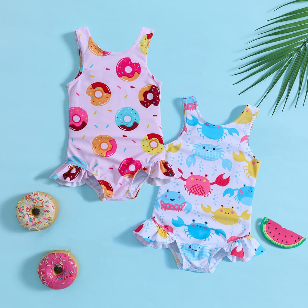 Maiô Feminino Com Babados E Estampa De Rosquinha , Roupa De Banho Para Meninas , Roupas Bkini De Verão