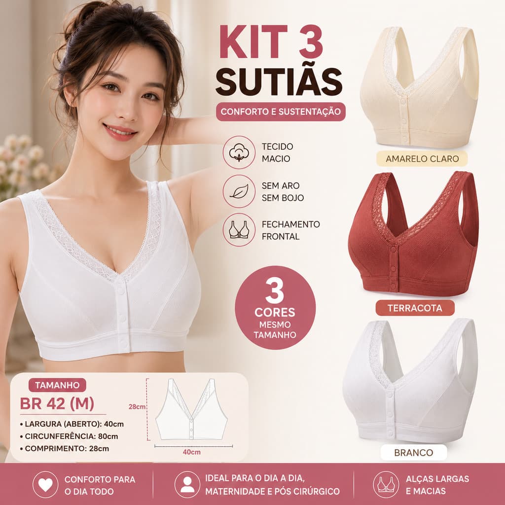 Kit 3 Sutiãs Femininos BR 42 M Sem Aro Sem Bojo Fechamento Frontal Algodão Confortável Sustentação