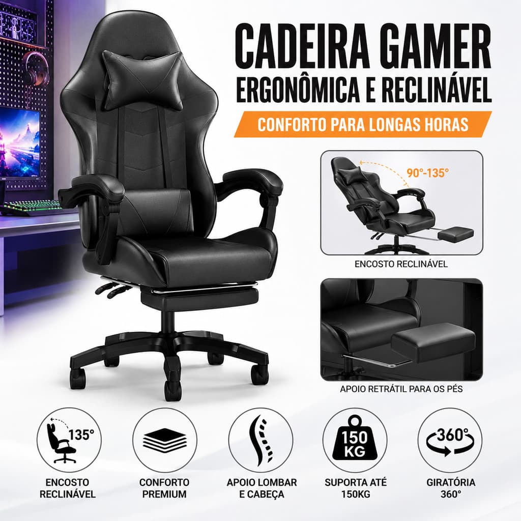 Cadeira Gamer Ergonômica Reclinável Com Apoio Para Pés Apoio Lombar Encosto De Cabeça Até 150kg Preta