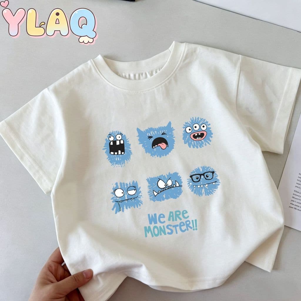 Cute Monster Cartoon Print Unissex Kids Summer Trendy Top De Manga Curta Para Meninos E Meninas