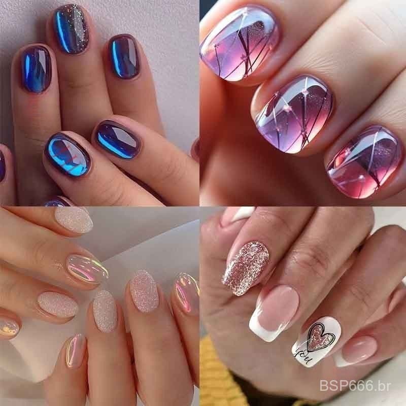 Guoguh 24 Peças De Unhas Postiças Curtas Realistas Decoradas Com Cola Ultrabrilhante Para Festa 6ZQC K1WS