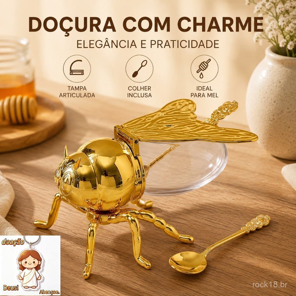 Açucareiro Meleira Abelha Luxo Dourada Acrílico Com Colher Mesa Posta 150ml