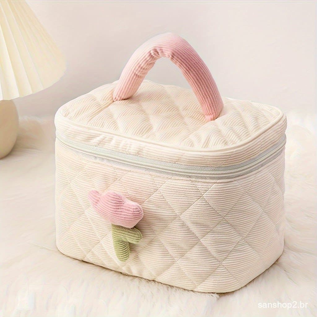 Bolsa de Higiene Feminina Estilo Coreano Retro Marfim Chic Tulipa Bolsa de Cosméticos de Veludo Cotelê Espaçosa e Portát
