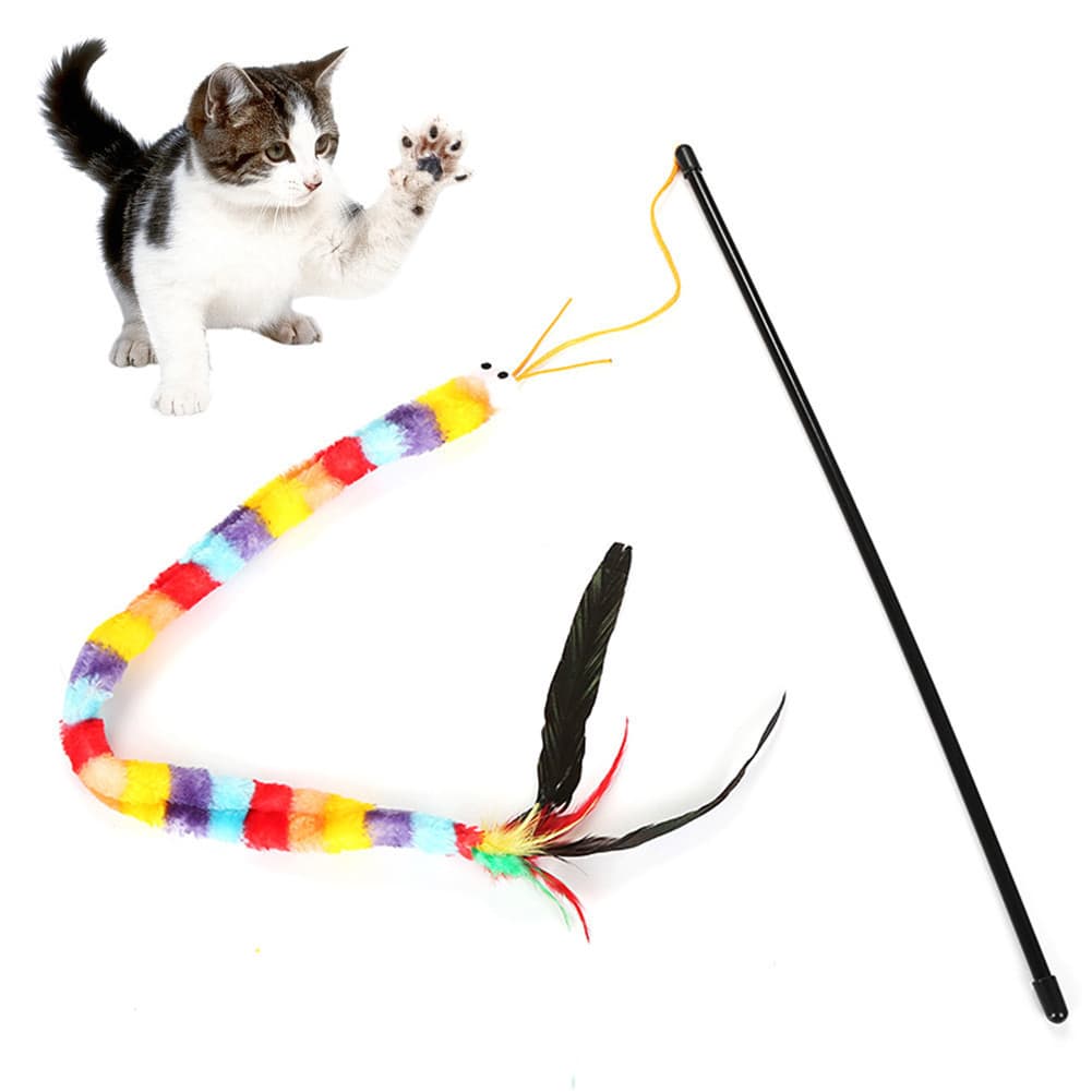 Varinha de Brinquedo para Gatos com Penas, Brinquedo Interativo em Forma de Verme Arco-Íris para Gatos e Gatinhos