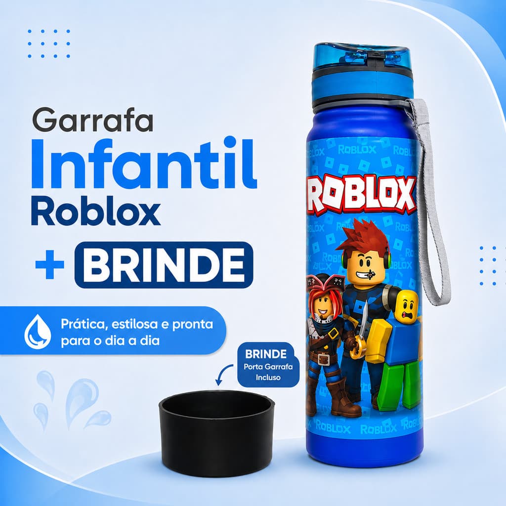 Garrafa Infantil Roblox 800ml com Tampa Kit 1/2/3 Flip Bico Alça de Mão Resistente  + BRINDE