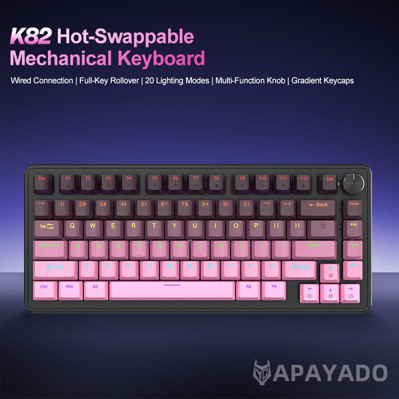 APAYADO K82 Teclado Mecânico Compacto 75 % RGB Retroiluminado Hot Swappable Com Botão De Controle Interruptor Vermelho/A