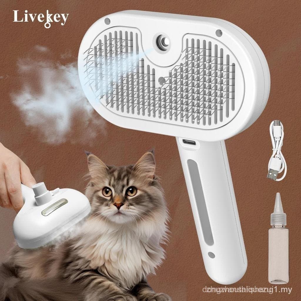 Escova a Vapor para Animais de Estimação de Pelo Longo e Curto, Pente Desembaraçador 3 em 1 com Limpeza por Um Botão, Fe