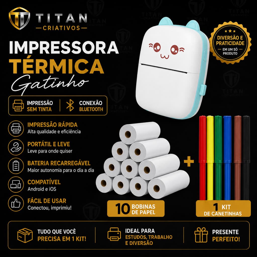 Impressora Gatinho Azul Portátil Bluetooth Com 10 Bobinas Lisa