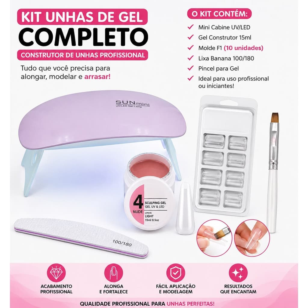Kit Unhas de Gel Completo Construtor Unhas Profissional – Molde F1 + Lixa + Pincel + Mini Cabine UV/LED – Nail Designer