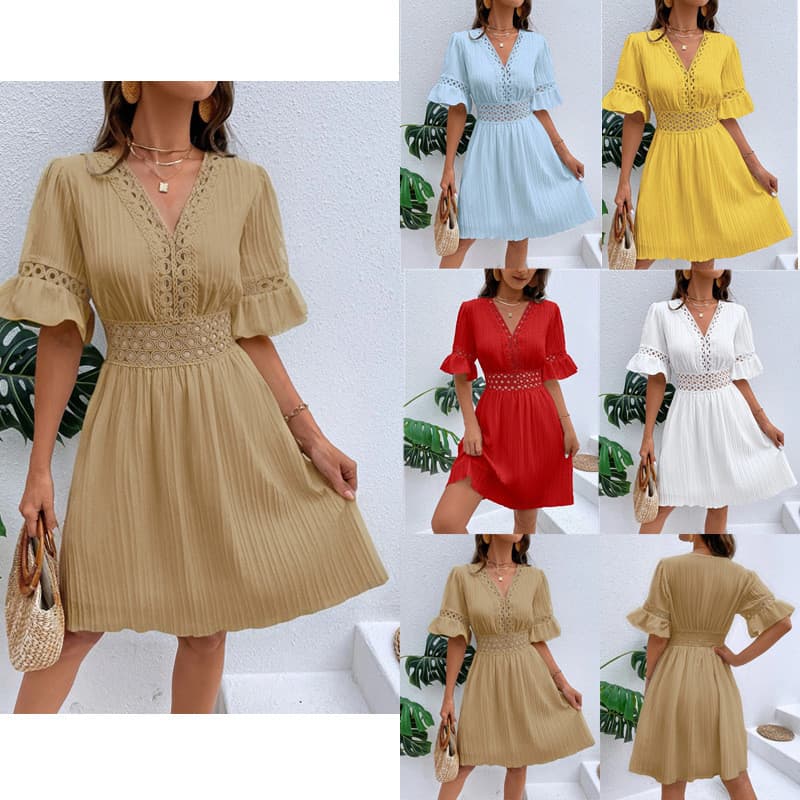 2026 europeu americano Cross-Border feminino verão novo estilo costura renda moda com decote em V cintura estreita vesti
