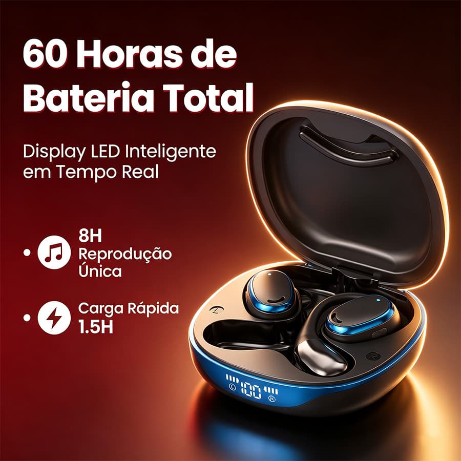 Fone de Ouvido Bluetooth Esportivo Gancho Auricular Bluetooth 5.4 - Bateria até 60h (8h por fone) - Tela LED e Microfone