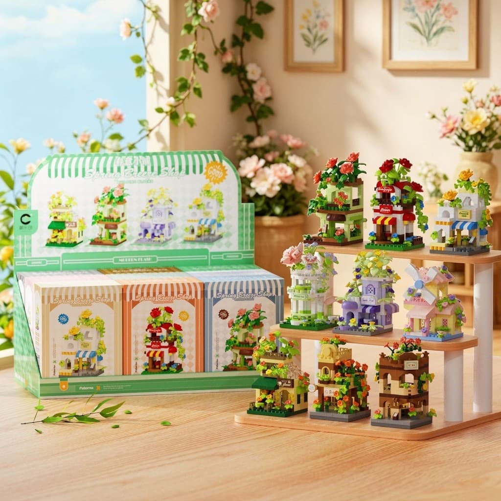 [Novos produtos] Loja de flores construção vista de rua blocos de construção loja casa decoração moinho de vento rosa ja