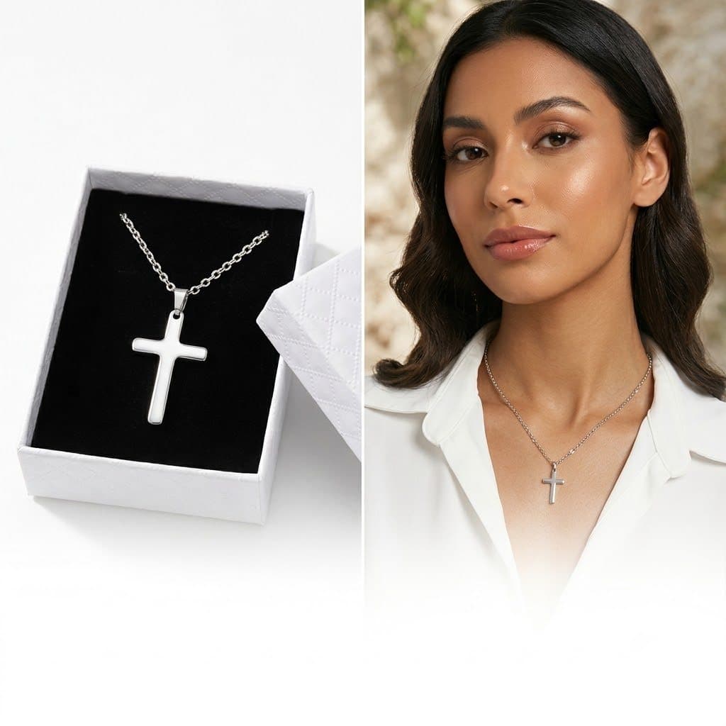 Colar Crucifixo em Aço Inoxidável Não Escurece Feminino Banhado Prata Alta Qualidade+ Caixa para Presente Luxuosa