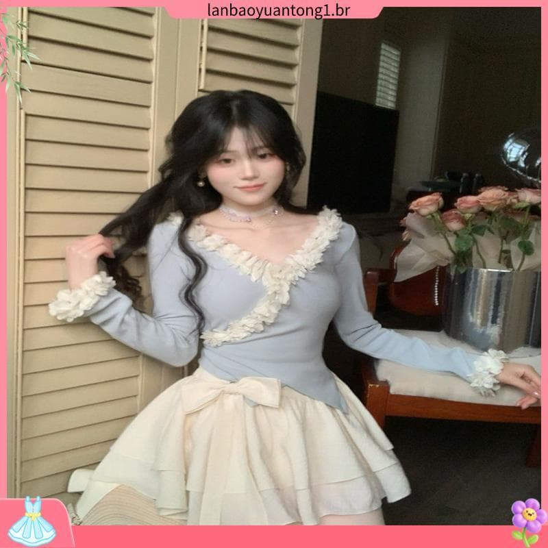 Naftaleno tecelagem neve puro desejo creme estilo renda cruz Design topo primavera doce primeiro amor estilo saia curta