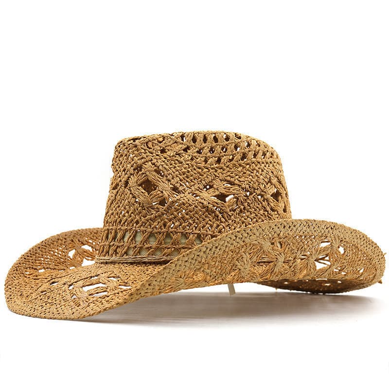 Chapéu de Palha Unissex Estilo Western Feito à Mão com Design Vazado Modelo 6Z7V SZRV