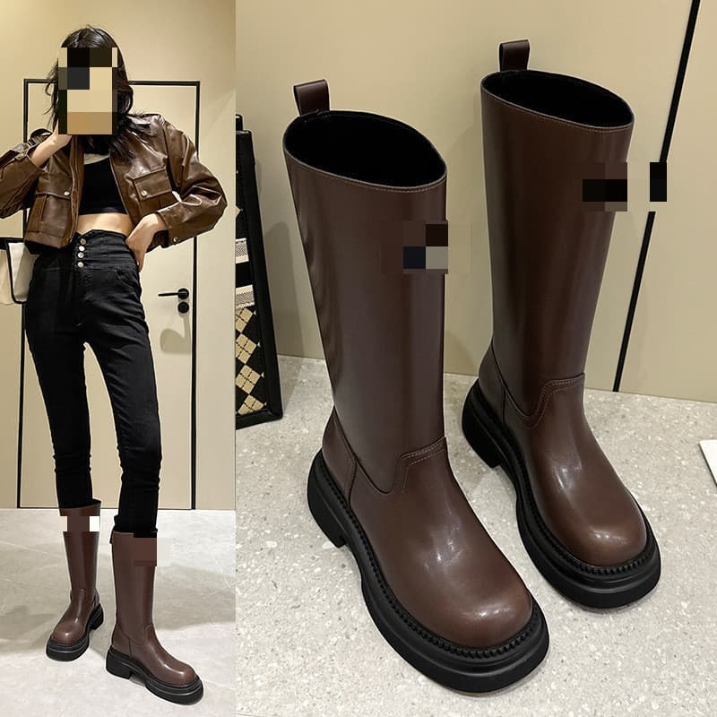 Botas de piloto de sola grossa femininas 2023 novo estilo salto grosso aumentando manga botas de cano médio
