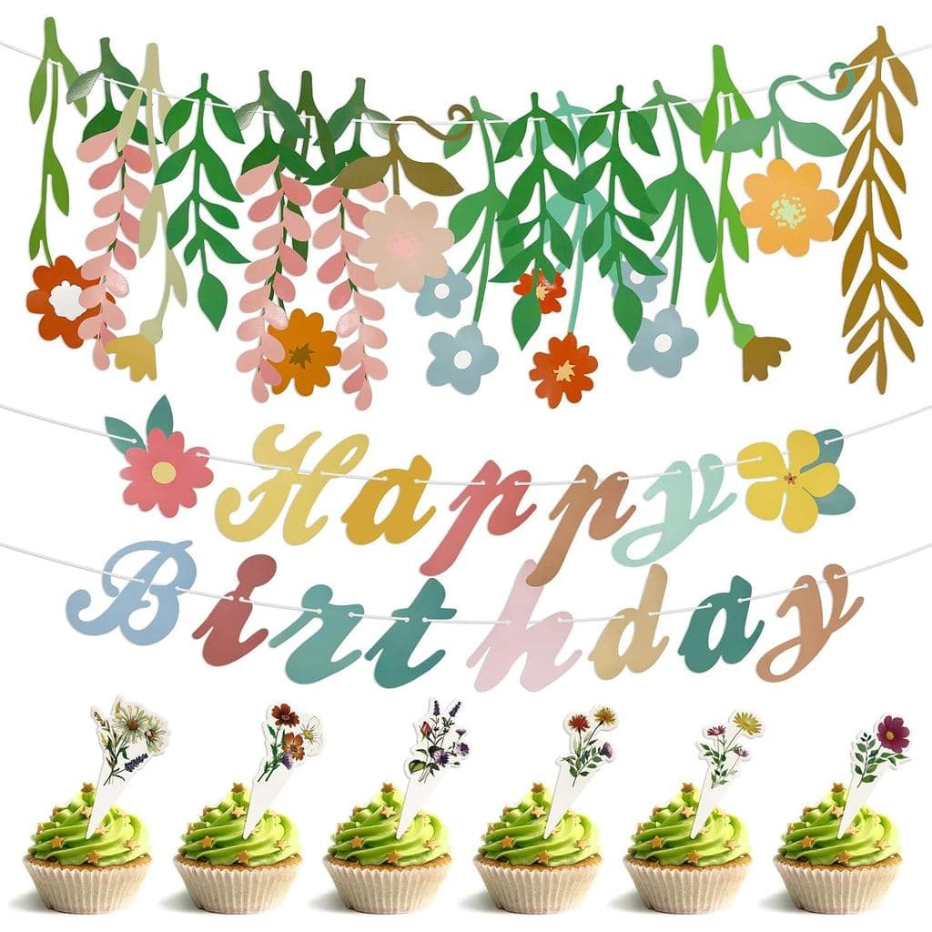 3 Conjuntos de Decorações para Festa de Aniversário com Flores, Guirlanda de Flores Silvestres e Faixa Floral de Feliz A