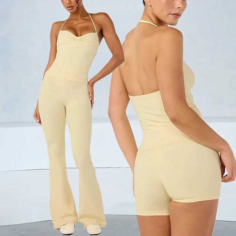 Conjunto de Yoga Feminino de 2 Peças: Top Halter, Calças Flare de Cintura Alta, Leggings Boca de Sino, Shorts de Ginásti