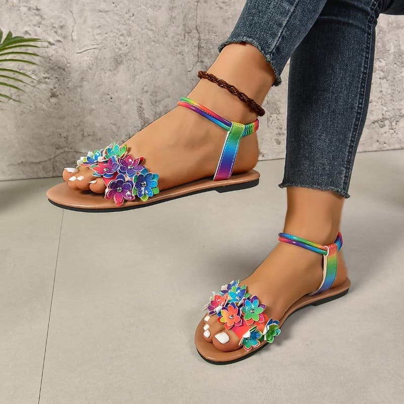 2026 Sandálias Brancas Sapatos De Casamento Femininos Boêmias Romanos Fundo Plano Flor Grandes Com Tiras