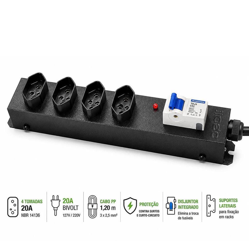 Filtro de Linha Profissional 4 Tomadas 20A com Disjuntor Bivolt Cabo PP 1,20m Metálico IPEC FL Power