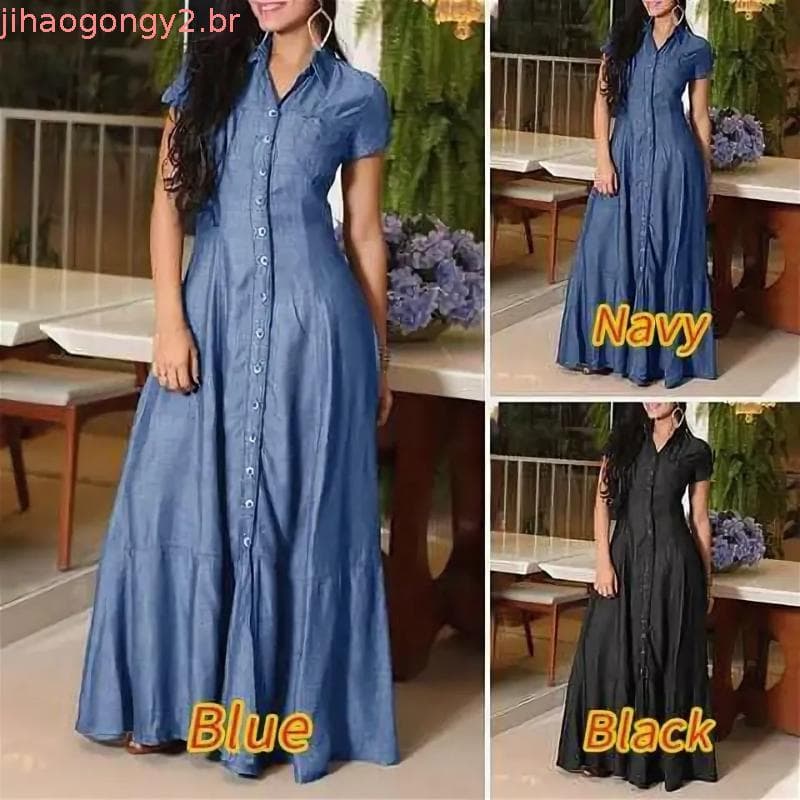 Europa e América internacional novo vestido longo csa gola bolso vestido grande vestido jean casual plus size vestido