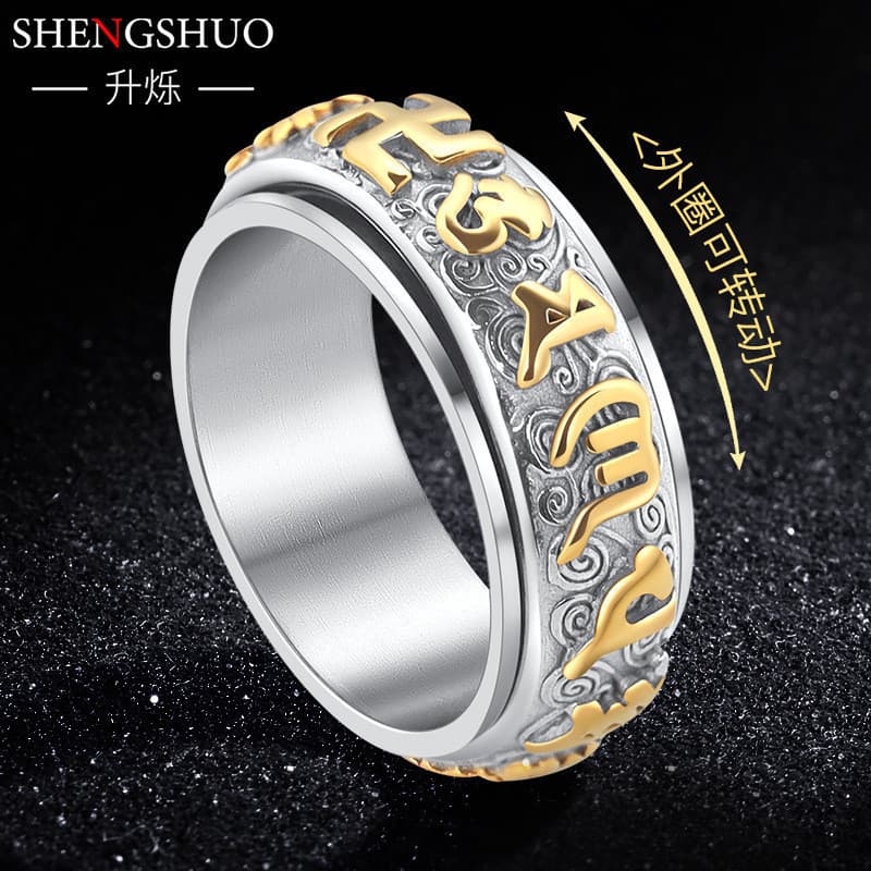 Anel masculino de aço titânio com mantra de seis caracteres, joia de aço inoxidável de nicho exclusiva para atacado, não