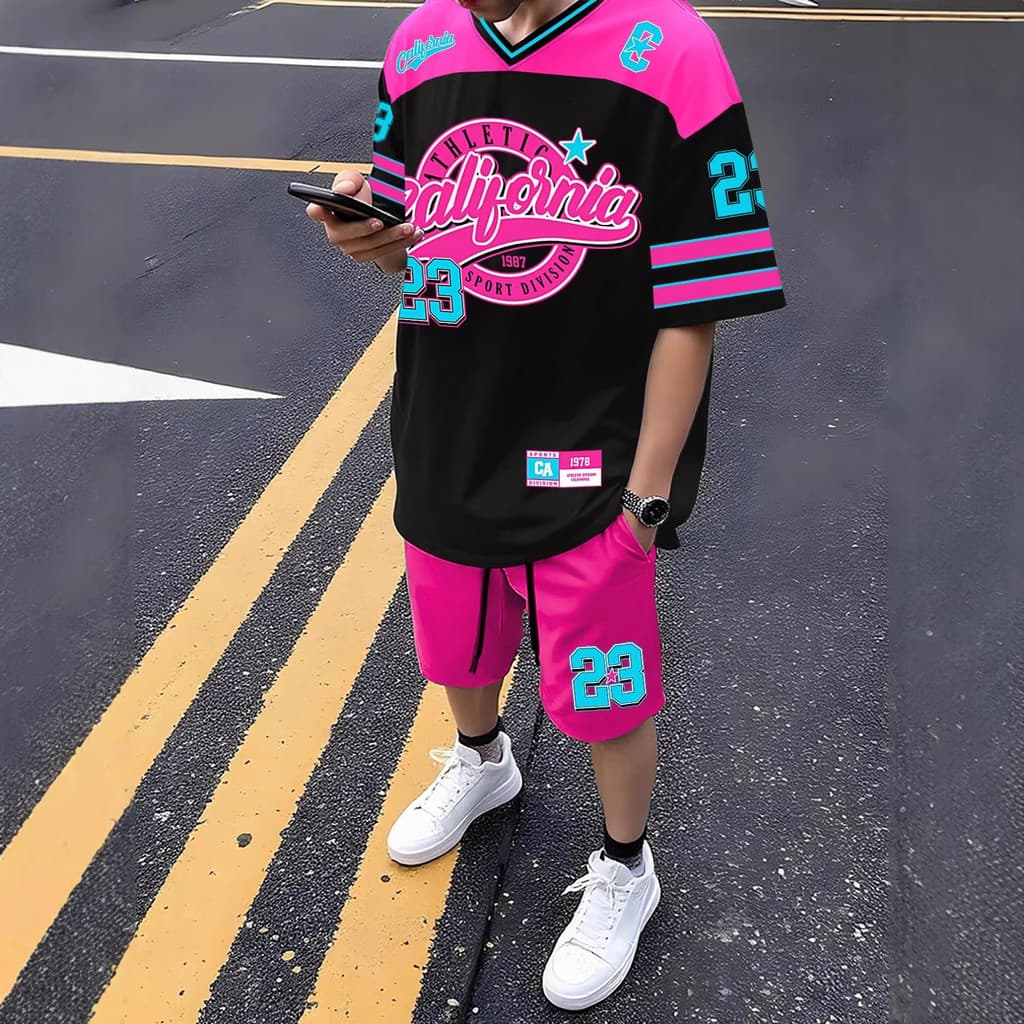 Masculino street Wear High street Hip-Hop série Digital impresso com decote em v Shorts de manga curta terno