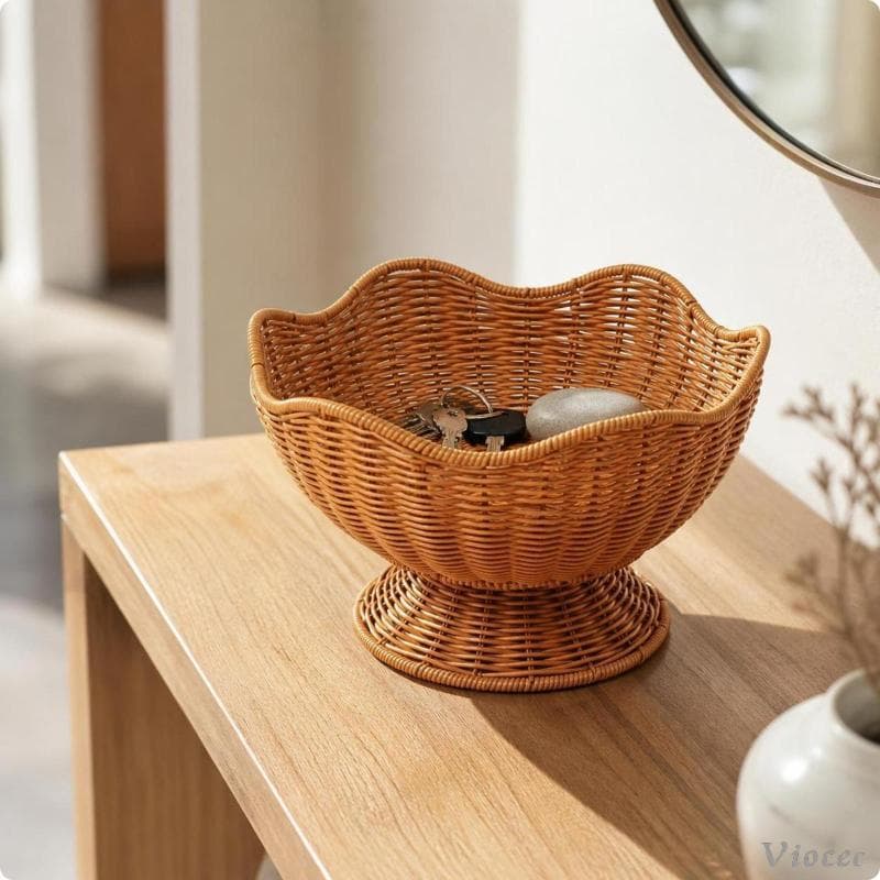[Viocee] Cesta De Armazenamento De Tecido Elegante Flor Onda Borda Rattan Olhar Tigela De Frutas Para Mesa De Jantar E E