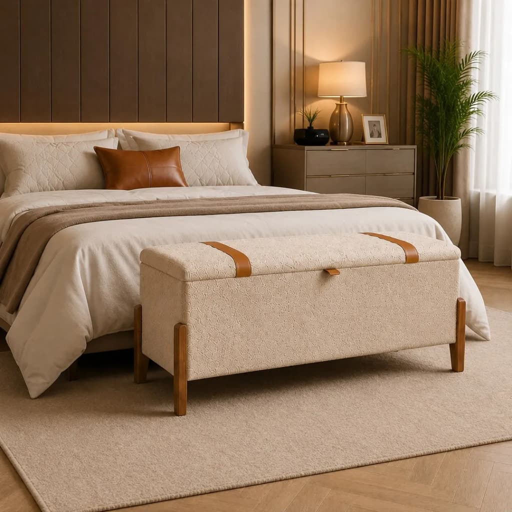 Baú Bouclé Casal Recamier Estofado Sapateira Organizador Pé de Cama Quarto Luxo Qualidade Premium Decoração