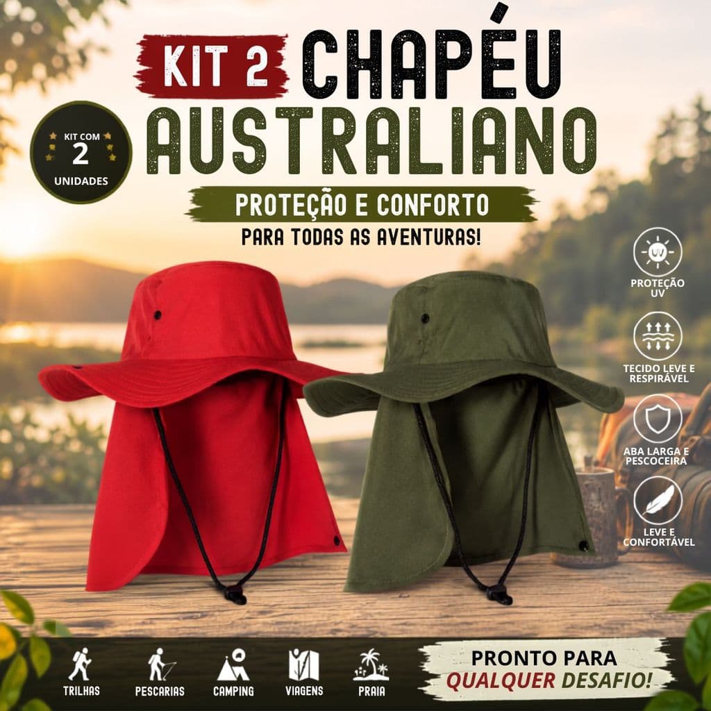 Kit 2 Chapéus Australianos Aba Larga com Proteção Solar UV50+ Unissex para Pesca, Praia, Camping e Trilha