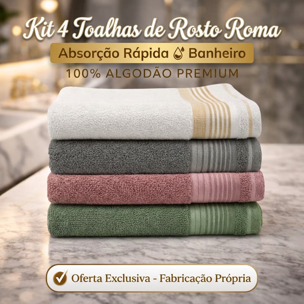 Kit 4 Toalhas de Rosto Roma Absorção Rápida Banheiro