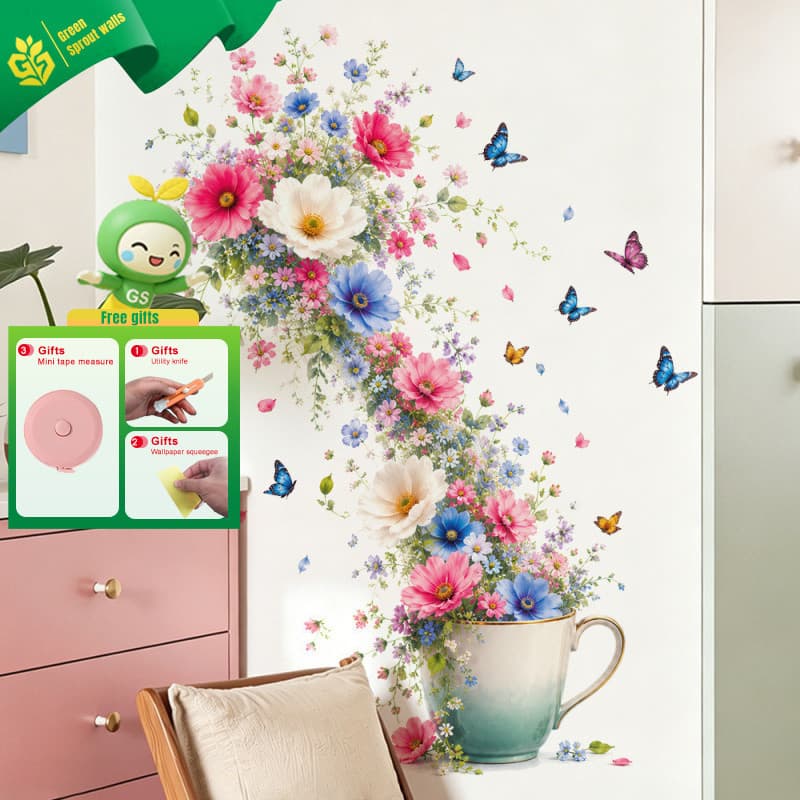 Caneca buquê adesivos de parede flores coloridas borboleta restaurante parede auto-adesivo adesivos decorativos