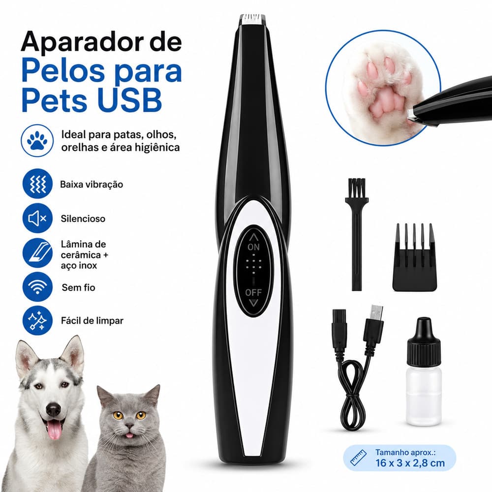 Aparador de Pelos Delicado com Precisão Pets Cães Gatos USB
