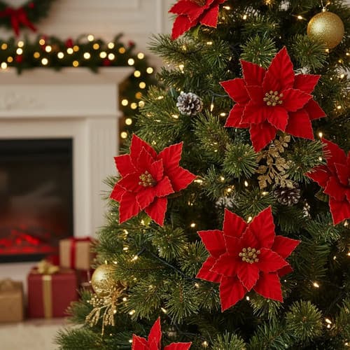Enfeite De Natal Bico De Papagaio Poinsetia 25cm Haste 60cm