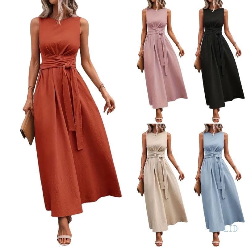 LIDU1 Vestido Feminino Mangas E Gravata Cintura Longo Evasê Bolsos Casual