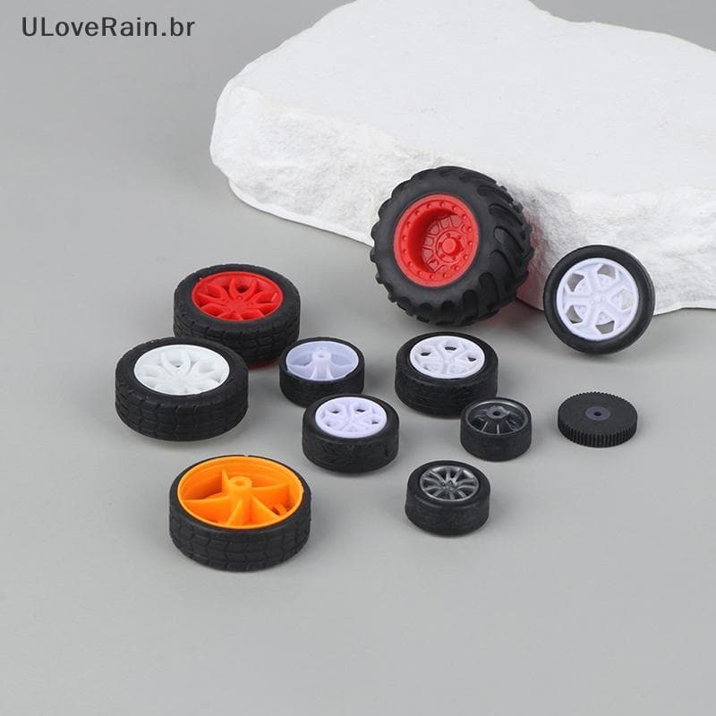 ULOVERAIN 10 Pcs PC Roda De Brinquedo Pneus De Aro De Borracha DIY Mini Tecnologia 4WD Coloridos Furo Diâmetro 2mm 2.5mm