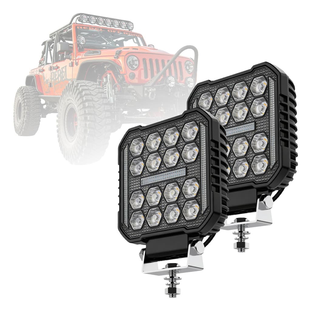 Par Farol Milha Led Quadrado Bivolt 48w Off Road Farolete Universal Automotivo Trator Potente Strobo