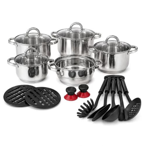 Jogo de Panelas Genebra Kit 19 Peças de Aço inoxidável fundo Triplo + Acessórios