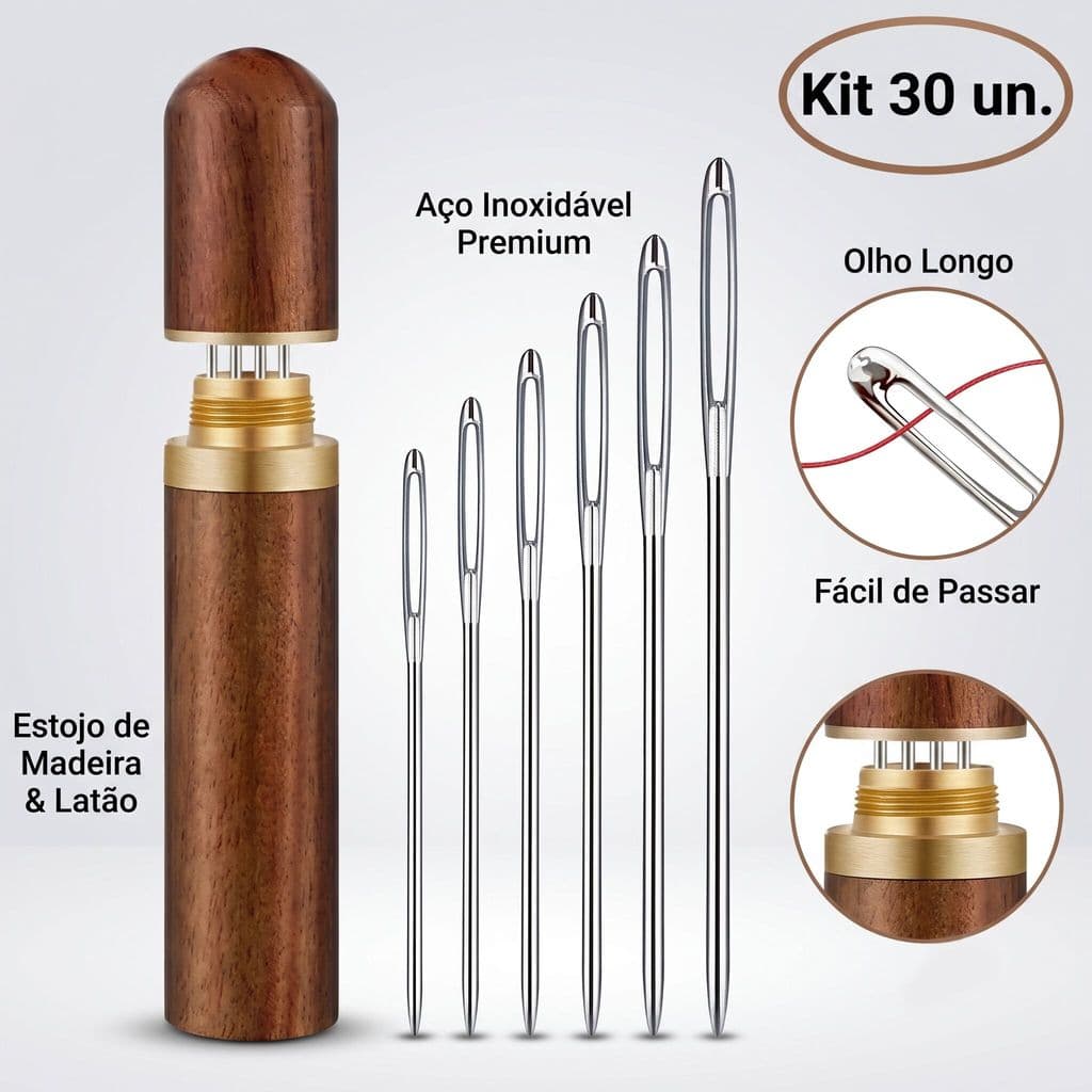 Kit 30 Agulhas De Costura Doméstica Com Estojo De Madeira Tamanhos Variados