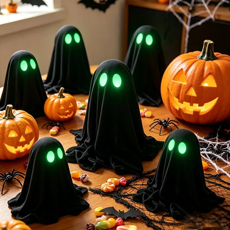 [Estoque pronto] Novo estilo Halloween luminoso com capuz preto fantasma Desktop pequenos enfeites festa loja Bar cena d