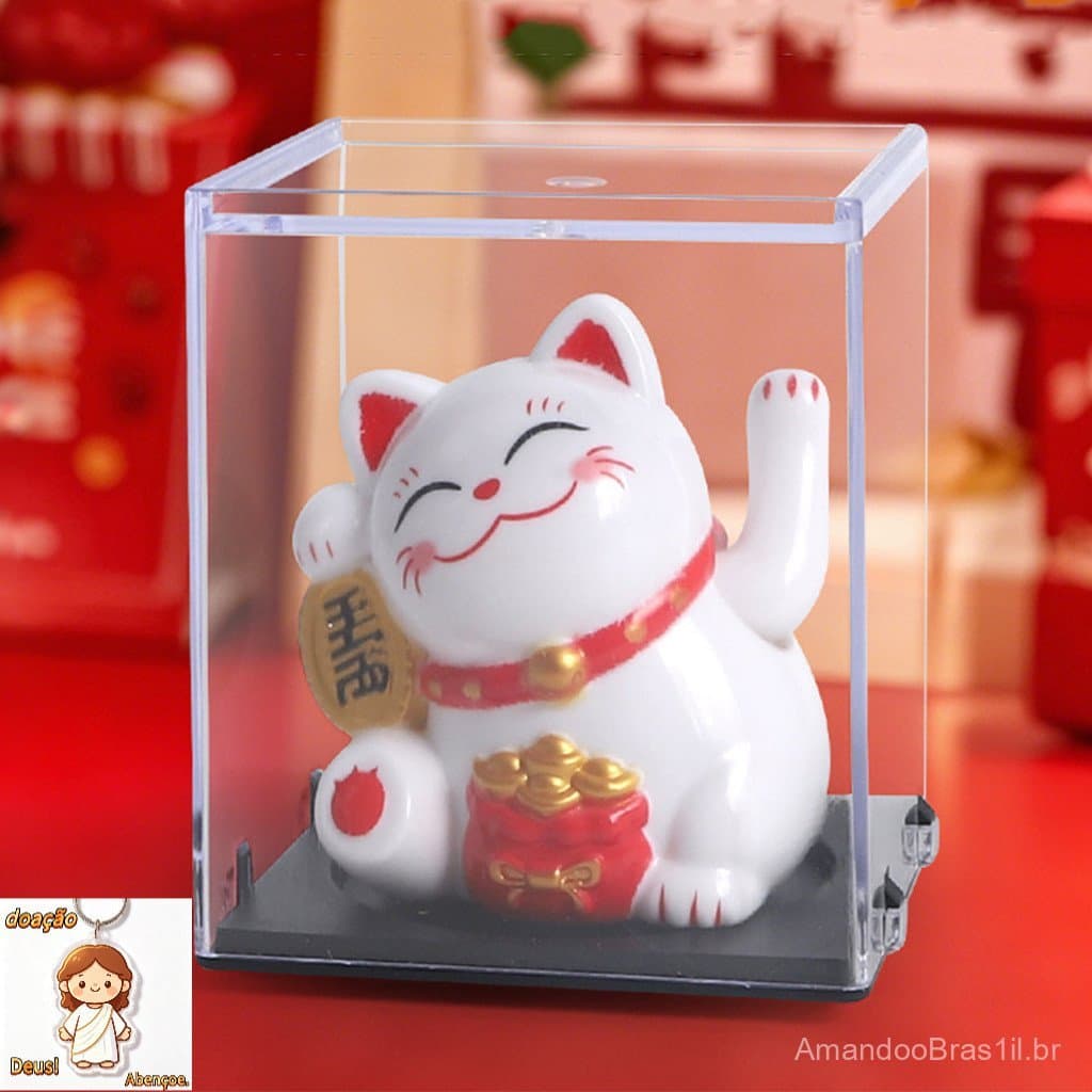 Gato Branco Dourado Da Sorte Manekineko Solar Prospero