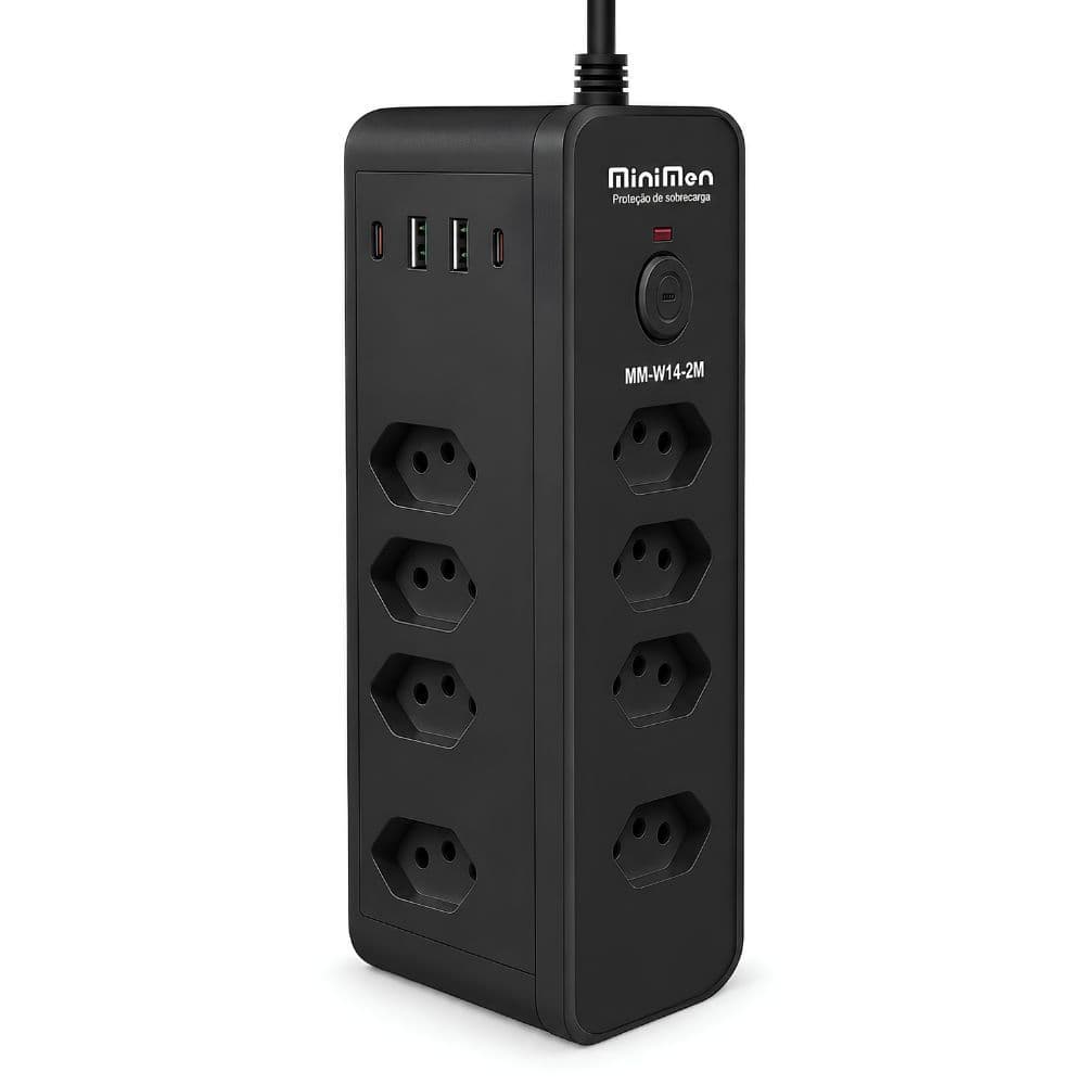 Extensão Filtro de Linha 8 Tomadas 2 USB-A e 2 USB-C Cabo 2m Preto